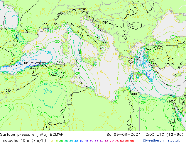 Isotachs (kph) ECMWF Вс 09.06.2024 12 UTC