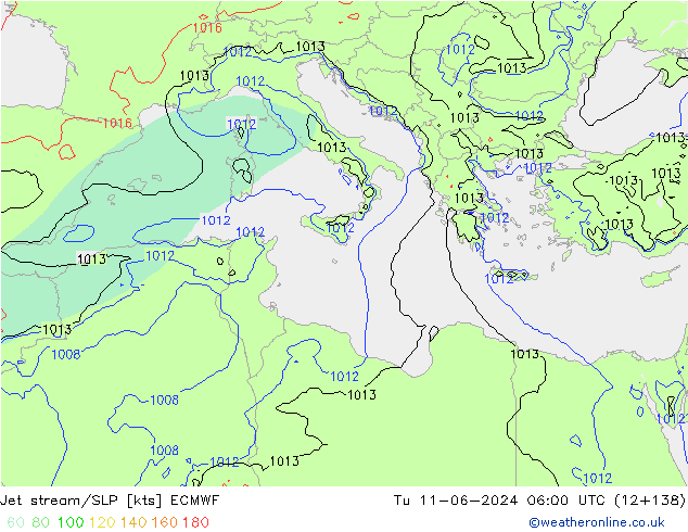 джет/приземное давление ECMWF вт 11.06.2024 06 UTC