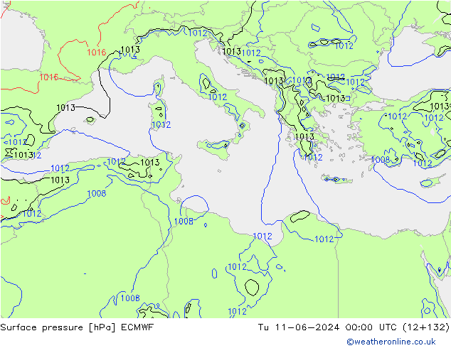 Surface pressure ECMWF Tu 11.06.2024 00 UTC