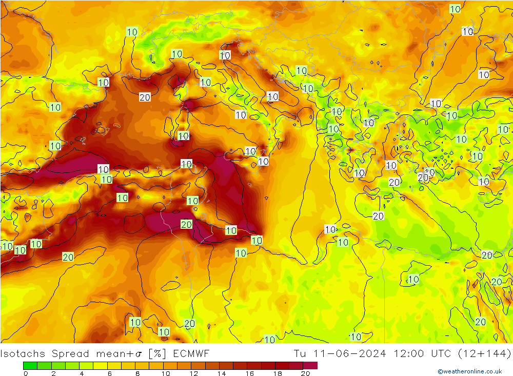 Isotachs Spread ECMWF mar 11.06.2024 12 UTC