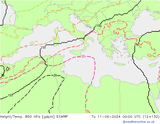 Height/Temp. 850 hPa ECMWF Út 11.06.2024 00 UTC