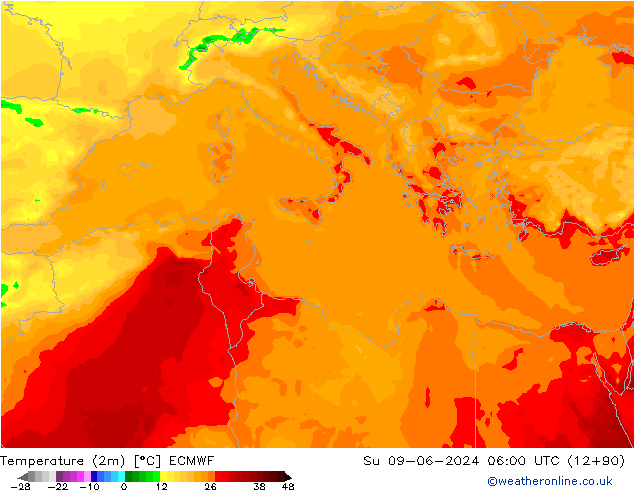 Temperatuurkaart (2m) ECMWF zo 09.06.2024 06 UTC