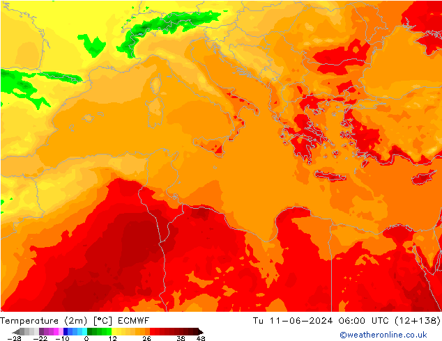 Temperature (2m) ECMWF Tu 11.06.2024 06 UTC
