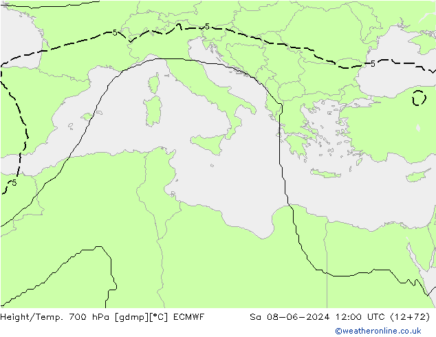 Height/Temp. 700 hPa ECMWF Sa 08.06.2024 12 UTC