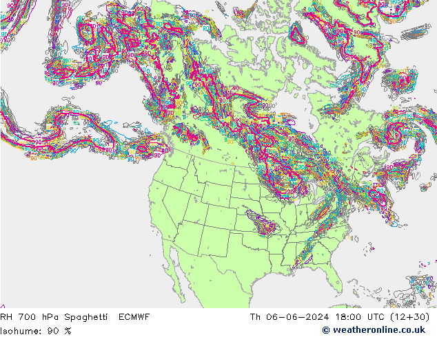 RH 700 hPa Spaghetti ECMWF Čt 06.06.2024 18 UTC