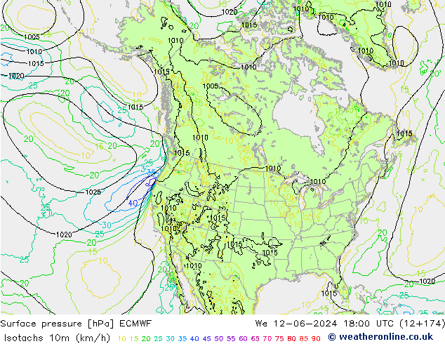 Isotachs (kph) ECMWF We 12.06.2024 18 UTC