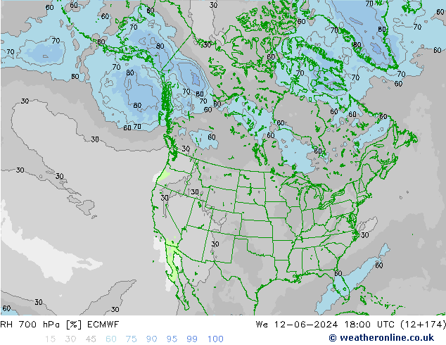 Humidité rel. 700 hPa ECMWF mer 12.06.2024 18 UTC