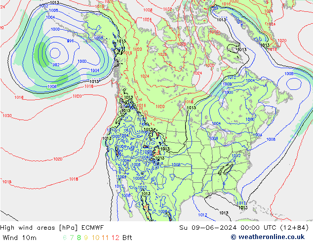 yüksek rüzgarlı alanlar ECMWF Paz 09.06.2024 00 UTC
