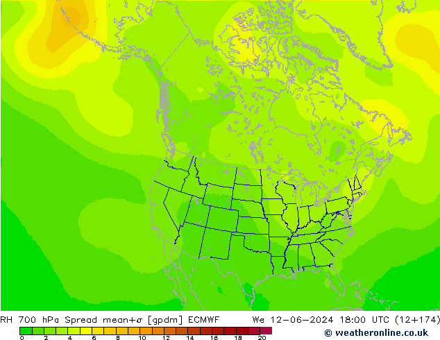 Humidité rel. 700 hPa Spread ECMWF mer 12.06.2024 18 UTC