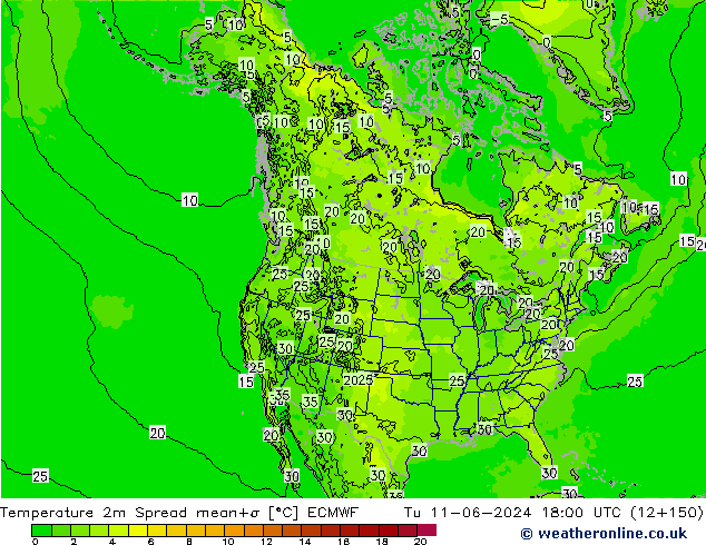 mapa temperatury 2m Spread ECMWF wto. 11.06.2024 18 UTC