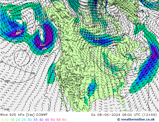 ветер 925 гПа ECMWF сб 08.06.2024 06 UTC