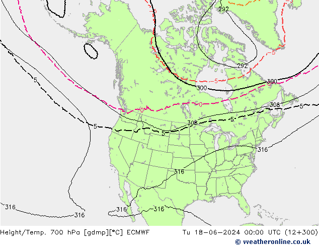 Height/Temp. 700 hPa ECMWF Út 18.06.2024 00 UTC