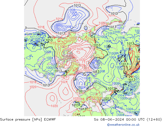 Presión superficial ECMWF sáb 08.06.2024 00 UTC