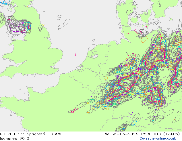 RH 700 hPa Spaghetti ECMWF mer 05.06.2024 18 UTC