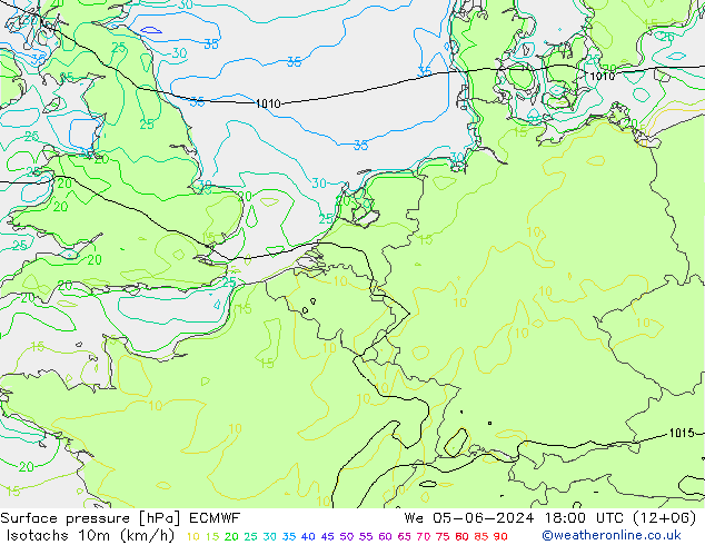 Isotachen (km/h) ECMWF Mi 05.06.2024 18 UTC