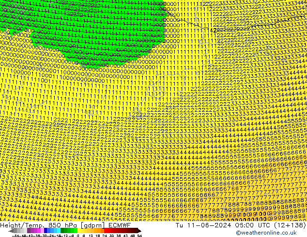 Height/Temp. 850 гПа ECMWF вт 11.06.2024 06 UTC