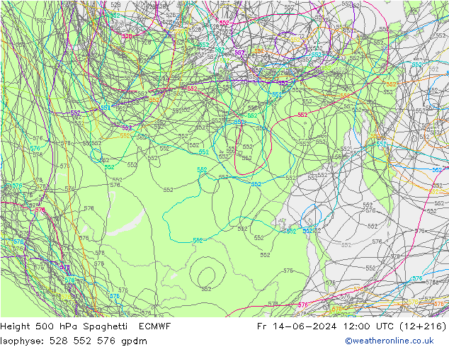 Hoogte 500 hPa Spaghetti ECMWF vr 14.06.2024 12 UTC