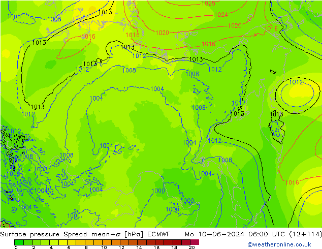 Surface pressure Spread ECMWF Mo 10.06.2024 06 UTC