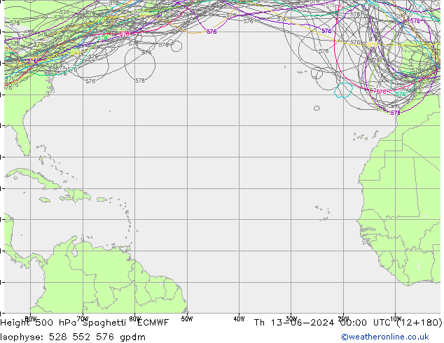 Height 500 hPa Spaghetti ECMWF Čt 13.06.2024 00 UTC