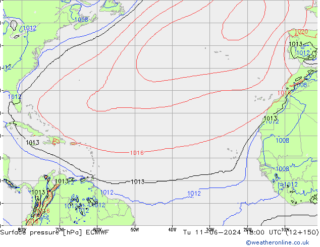 Presión superficial ECMWF mar 11.06.2024 18 UTC