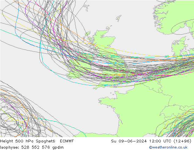 Height 500 hPa Spaghetti ECMWF Ne 09.06.2024 12 UTC