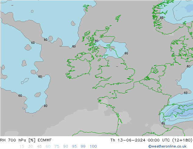 RH 700 hPa ECMWF czw. 13.06.2024 00 UTC