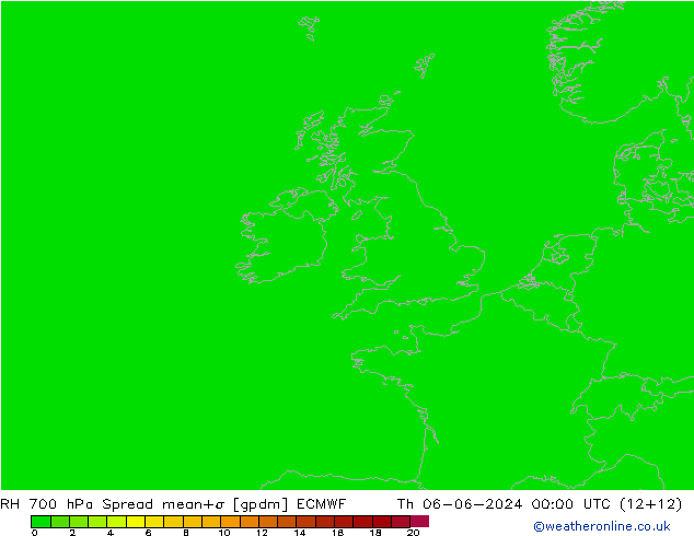 Humedad rel. 700hPa Spread ECMWF jue 06.06.2024 00 UTC