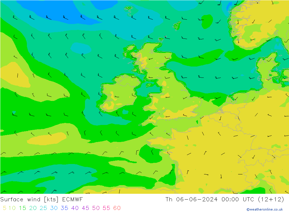 Surface wind ECMWF Čt 06.06.2024 00 UTC