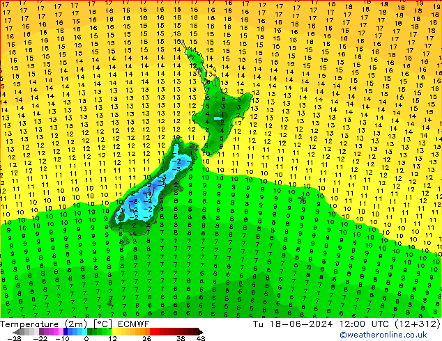 Temperature (2m) ECMWF Tu 18.06.2024 12 UTC