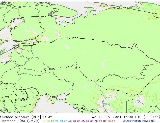 Isotachs (kph) ECMWF Qua 12.06.2024 18 UTC