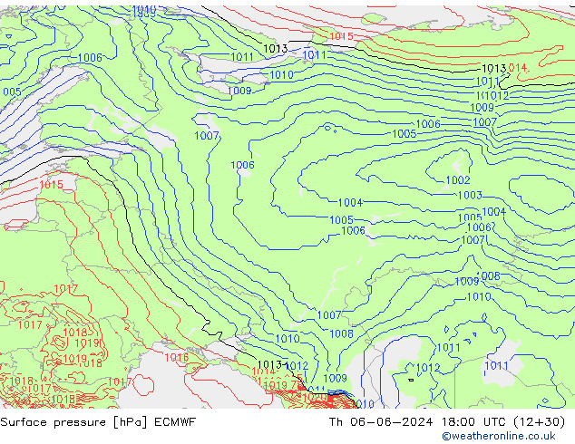 Surface pressure ECMWF Th 06.06.2024 18 UTC