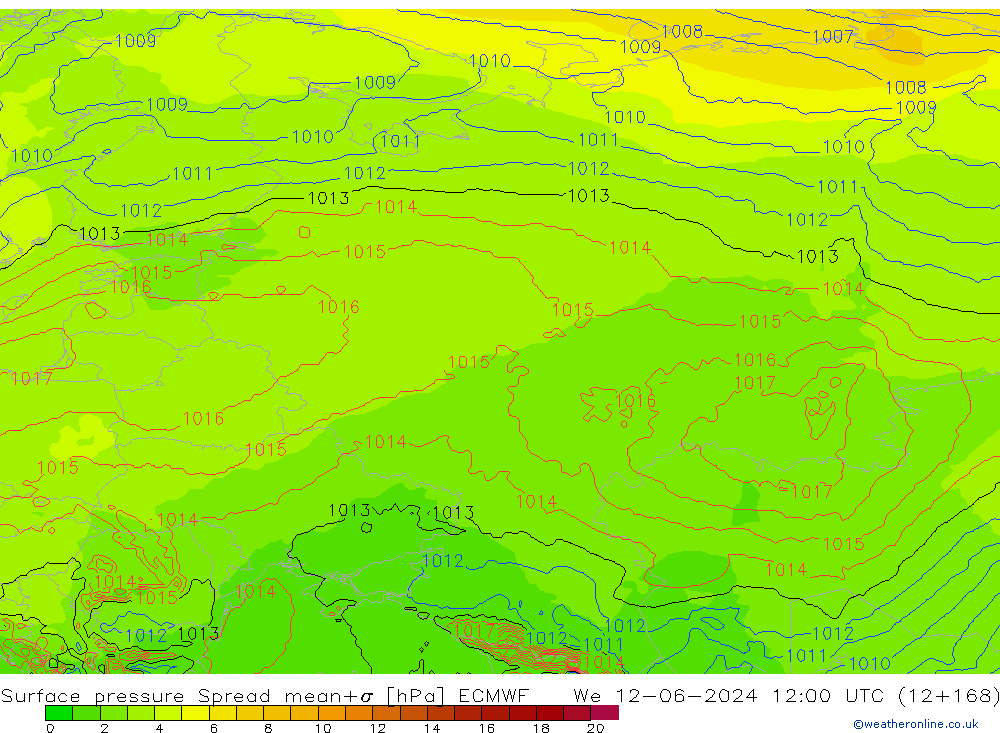 Surface pressure Spread ECMWF We 12.06.2024 12 UTC