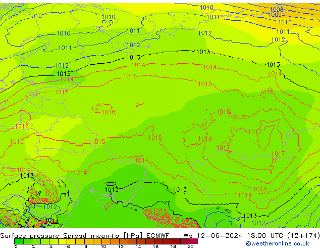 Surface pressure Spread ECMWF We 12.06.2024 18 UTC