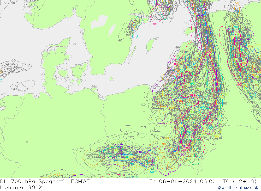 Humidité rel. 700 hPa Spaghetti ECMWF jeu 06.06.2024 06 UTC