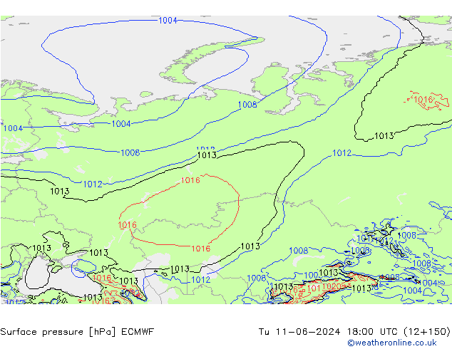 Surface pressure ECMWF Tu 11.06.2024 18 UTC