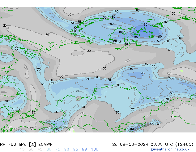 RH 700 hPa ECMWF Sáb 08.06.2024 00 UTC