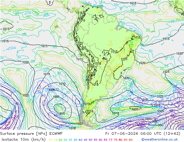 Isotachs (kph) ECMWF пт 07.06.2024 06 UTC