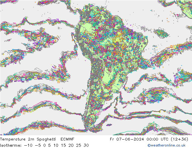 Temperature 2m Spaghetti ECMWF Pá 07.06.2024 00 UTC