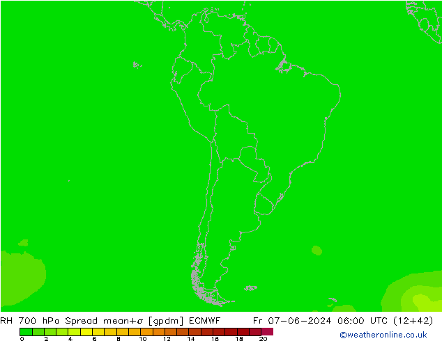 RH 700 hPa Spread ECMWF ven 07.06.2024 06 UTC