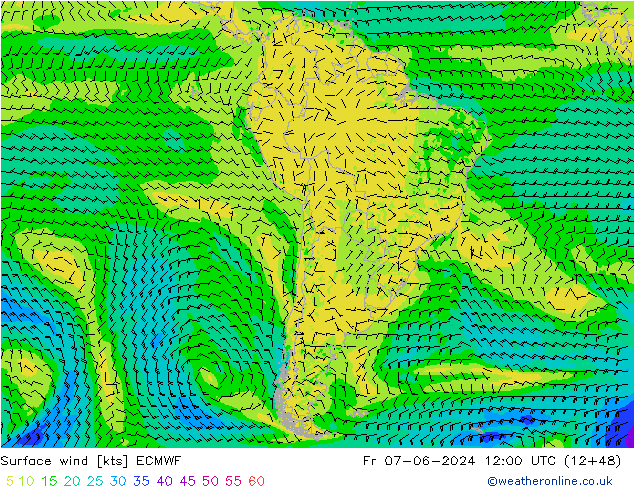 Viento 10 m ECMWF vie 07.06.2024 12 UTC