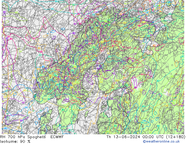 RH 700 hPa Spaghetti ECMWF Th 13.06.2024 00 UTC