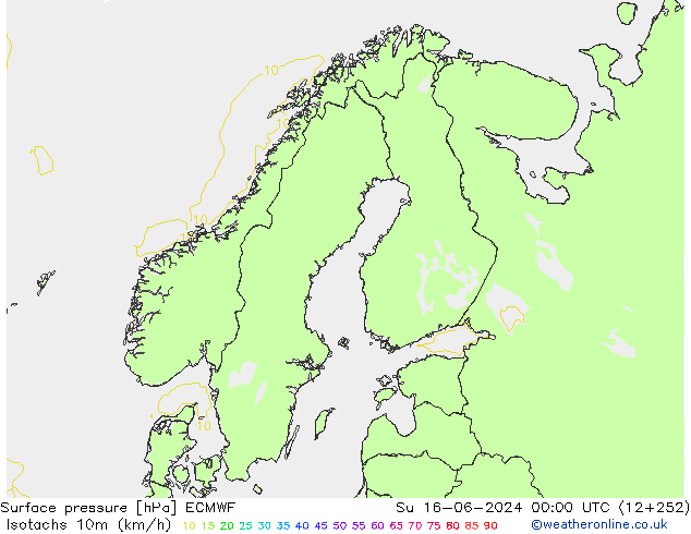 Isotachen (km/h) ECMWF So 16.06.2024 00 UTC