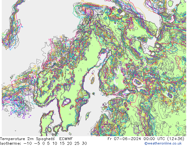 Temperature 2m Spaghetti ECMWF Fr 07.06.2024 00 UTC