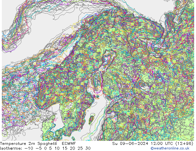 Temperature 2m Spaghetti ECMWF Su 09.06.2024 12 UTC