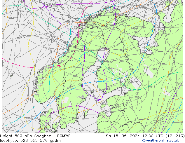 Height 500 гПа Spaghetti ECMWF сб 15.06.2024 12 UTC