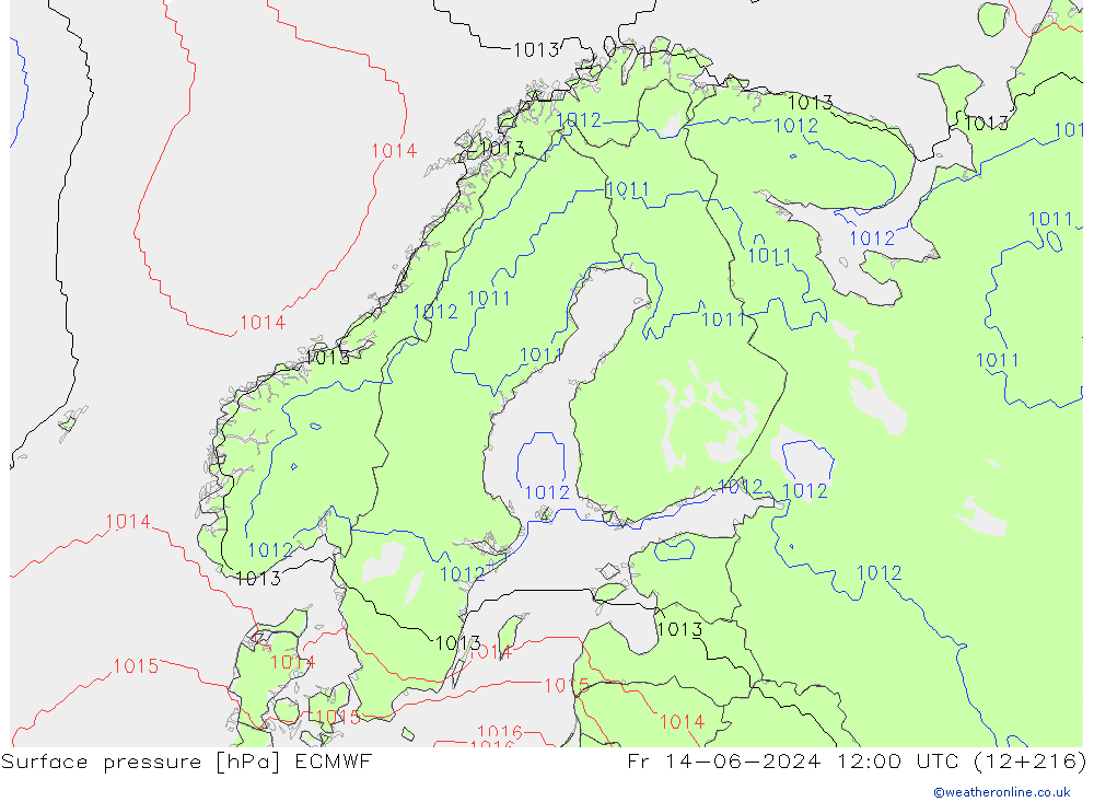 Presión superficial ECMWF vie 14.06.2024 12 UTC