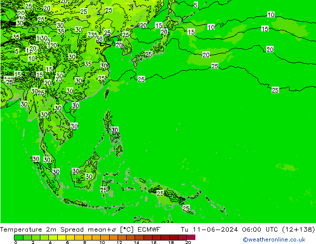 température 2m Spread ECMWF mar 11.06.2024 06 UTC