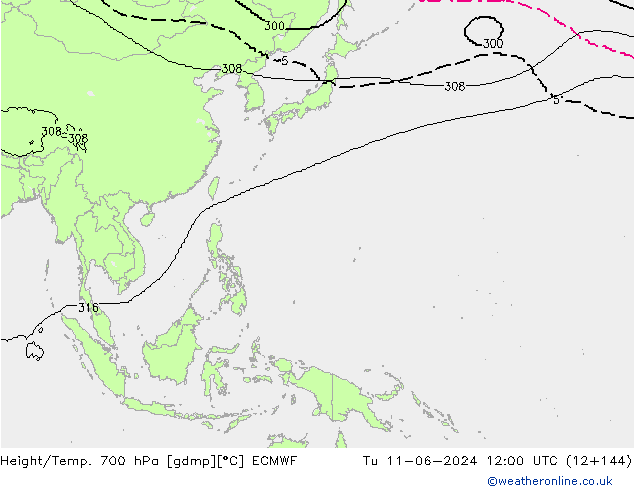 Height/Temp. 700 гПа ECMWF вт 11.06.2024 12 UTC