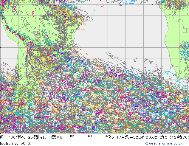 RH 700 hPa Spaghetti ECMWF Mo 17.06.2024 00 UTC