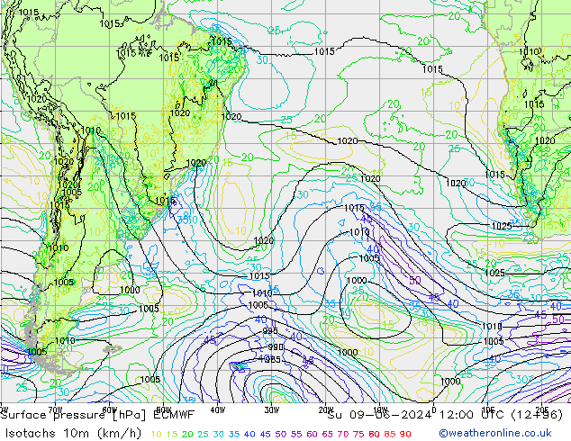 Isotachen (km/h) ECMWF zo 09.06.2024 12 UTC